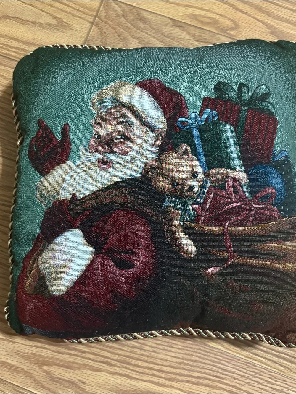 Christmas Tapestry Square Throw Pillow 16X16 Santa Claus w/gifts Bear Rope Trim
